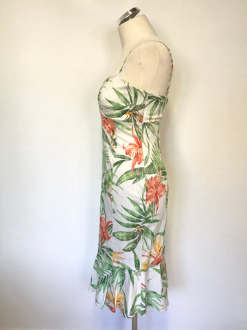 KAREN MILLEN WHITE, ORANGE & GREEN TROPICAL PRINT STRAPPY PENCIL DRESS SIZE 10/12