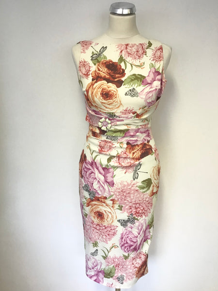 KAREN MILLEN FLORAL & BUTTERFLY PRINT SLEEVELESS PENCIL DRESS SIZE 8