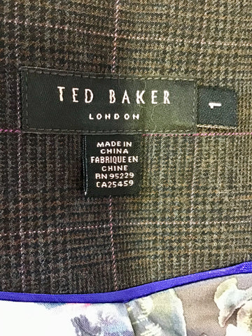 TED BAKER DARK BROWN CHECK WOOL BLEND WAISTCOAT & TROUSERS SIZE 1 UK 10