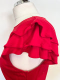 JAEGER RED STRETCH JERSEY FRILL CAP SLEEVED TIE BELT PENCIL DRESS SIZE 12