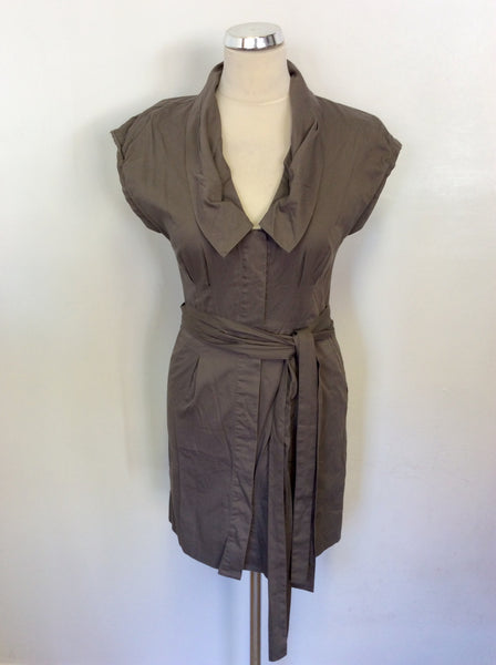 TED BAKER BROWN BUTTON FRONT COTTON TIE BELT DRESS SIZE 1 UK 8/10