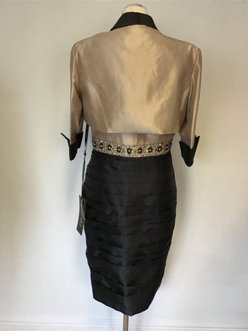 BRAND NEW MASCARA LIGHT GOLD & BLACK PENCIL DRESS & BOLERO JACKET SIZE 16