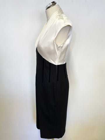 LK BENNETT IVORY & BLACK SILK & WOOL SLEEVELESS PENCIL DRESS SIZE 12