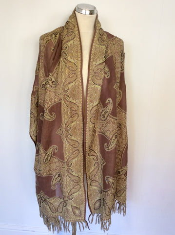 BRAND NEW LIGHT BROWN & CREAM BEADED PRINT WOOL WRAP/SCARF