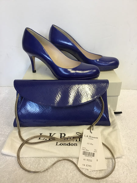 BRAND NEW LK BENNETT SYBILA UKTRA BLUE SAFFIANO PATENT HEELS & MATCHING CLUTCH / SHOULDER BAG SIZE 5.5/38.5