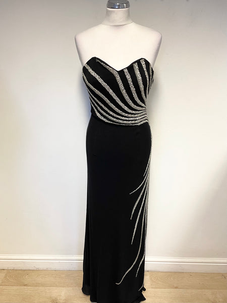 TOJOURS PARIS BLACK WITH SILVER & WHITE BEADING STRAPLESS LONG EVENING DRESS SIZE 12