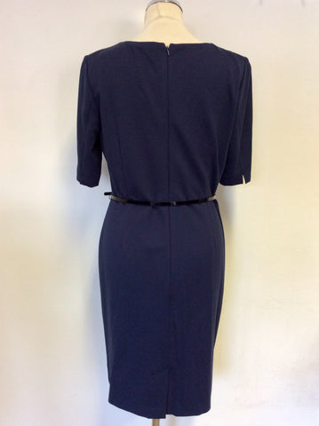 PRÉCIS PETITE DARK BLUE SHORT SLEEVE BELTED PENCIL DRESS SIZE 14