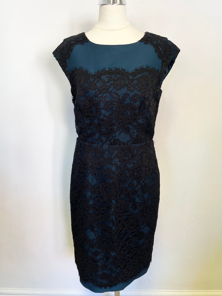 LK BENNETT LAVINIE TEAL & BLACK LACE SPECIAL OCCASION PENCIL DRESS SIZE 10