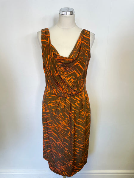 LK BENNETT BROWN & ORANGE PRINT SILK SLEEVELESS DRESS SIZE 12