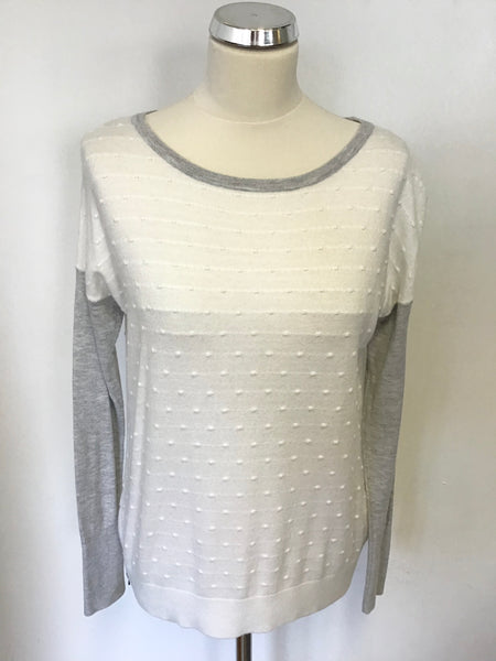 MINT VELVET LIGHT GREY & WHITE SCOOP NECKLINE LONG SLEEVE JUMPER SIZE 10