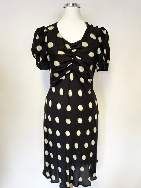 WHISTLES BLACK & CREAM SPOT SILK SHORT SLEEVE TEA DRESS SIZE 8