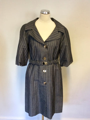 POLENCI GREY & SILVER PINSTRIPE BELTED DRESS SIZE 12