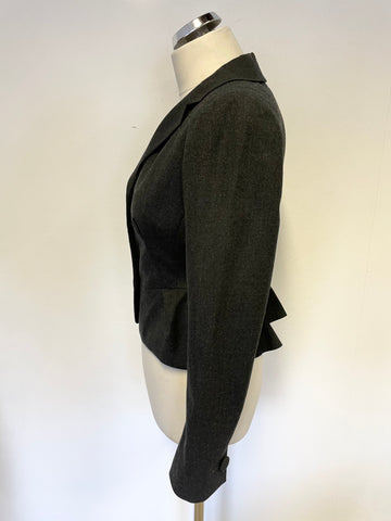 LK BENNETT CHARCOAL GREY TAILORED REAR TIER FRILL WOOL JACKET SIZE 14