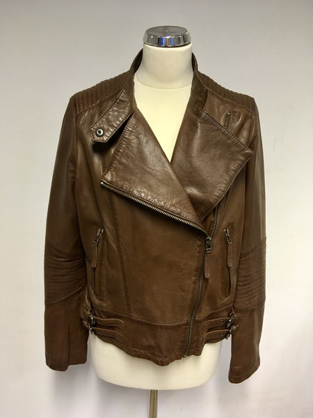 MANGO BROWN SOFT LEATHER BIKER JACKET SIZE L