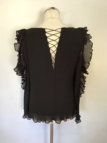 KAREN MILLEN BLACK PLEATED COLD SHOULDER FRILL TRIM LACE UP BACK BLOUSE SIZE 12