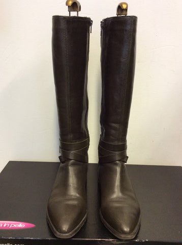 MODA IN PELLE TRENTON OLIVE WRAP AROUND STRAP LONG LEATHER BOOTS SIZE 6/39