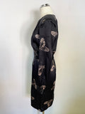 WHISTLES BLACK & PALE GOLD FLY PRINT SILK LONG SLEEVE TEA DRESS SIZE 8