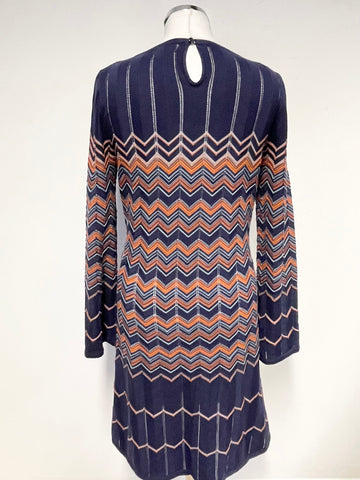 MONSOON NAVY BLUE & ORANGE CHEVON PATTERNED FINE KNIT DRESS SIZE 12