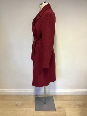 RONIT ZILKHA RED HARRIS TWEED 100% WOOL TIE BELT KNEE LENGTH COAT SIZE 12