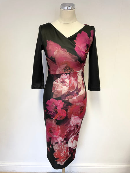 PER UNA BLACK & PINK SHADES FLORAL PRINT 3/4 SLEEVE PENCIL DRESS SIZE 6