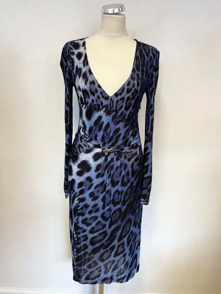 ROBERTO CAVALLI BLUE PRINT LONG SLEEVE STRETCH PENCIL DRESS SIZE 44 UK 14