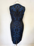 HOBBS INVITATION BLACK & BLUE DAMASK PRINT PANEL SLEEVELESS PENCIL DRESS SIZE 12