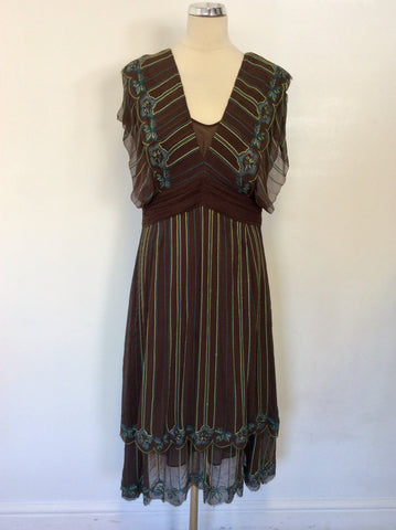 KAREN MILLEN BROWN SILK EMBROIDERED DRESS SIZE 14