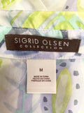 SIGRID OLSEN BLUE,WHITE,LILAC & GREEN FLORAL PRINT 100% SILK LONG SLEEVED SHIRT SIZE M