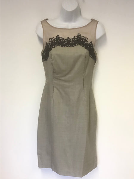 COAST BEIGE WOOL & ORGANZA SILK TOP SLEEVELESS PENCIL DRESS SIZE 8