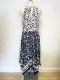 MINT VELVET NAVY & IVORY FLORAL PRINT HANDKERCHIEF HEM MIDI DRESS SIZE 14