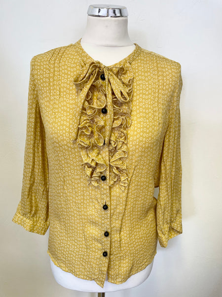 JAEGER 100% SILK MUSTARD PRINT FRILLED FRONT BLOUSE SIZE 8