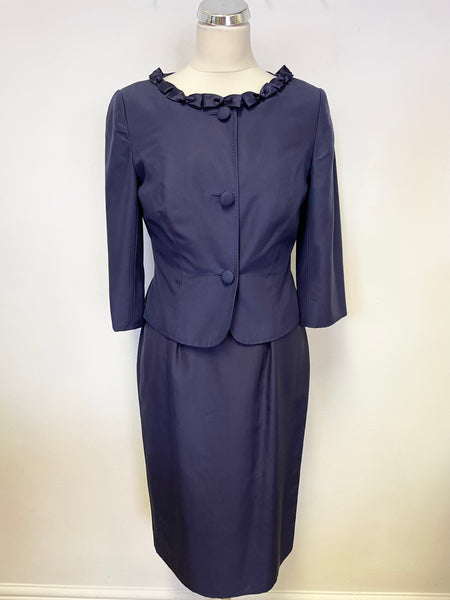 LK BENNETT NAVY BLUE BOW TRIM COTTON & SILK PENCIL DRESS & JACKET SUIT SIZE 10