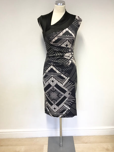 KAREN MILLEN BLACK,CREAM & BROWN PRINT CAP SLEEVE PENCIL DRESS SIZE 12