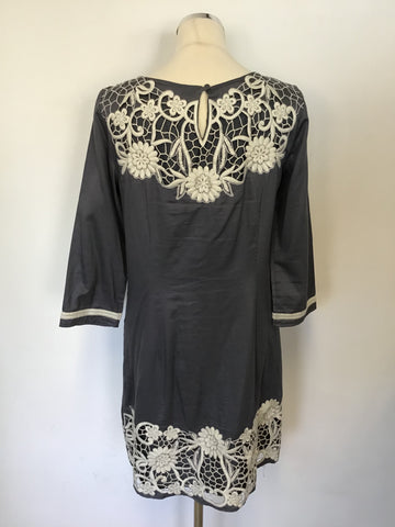 MONSOON GREY & WHITE APPLIQUÉ 3/4 SLEEVE COTTON DRESS SIZE 12