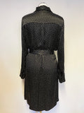 GHOST BLACK & WHITE SPOT LONG SLEEVE TIE WAIST DRESS SIZE S