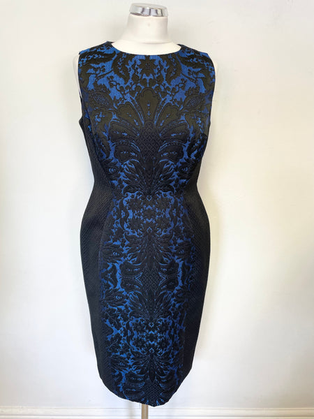 HOBBS INVITATION BLACK & BLUE DAMASK PRINT PANEL SLEEVELESS PENCIL DRESS SIZE 12