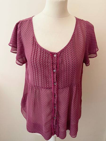 HOBBS BURGUNDY SILK SPOT PRINT SCOOP NECK SHORT SLEEVE TOP SIZE 12