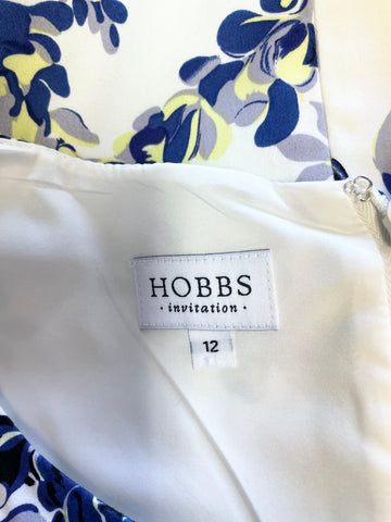 HOBBS INVITATION WHITE & BLUE FLORAL PRINT SLEEVELESS PENCIL DRESS SIZE 12