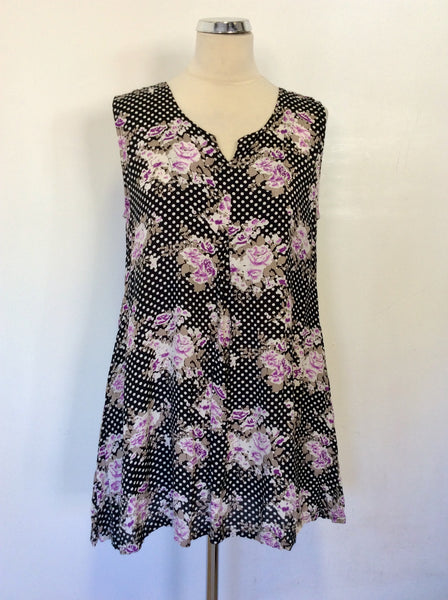 THE MASAI CLOTHING COMPANY BLACK & WHITE SPOT & PINK FLORAL PRINT TUNIC TOP SIZE S