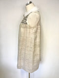 TARA JARMON CREAM & BEIGE SILK BLEND BEADED TRIM SLEEVELESS SHIFT DRESS SIZE 42 UK 14