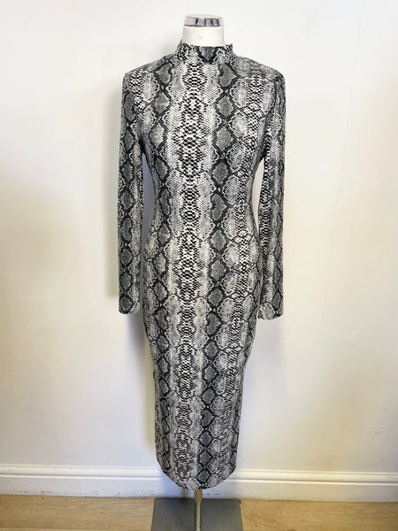 SHEIN GREY SNAKESKIN PRINT LONG SLEEVE STRETCH JERSEY MIDI DRESS SIZE 10