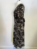 HOBBS DARK BROWN & IVORY PRINT 100% SILK SHORT SLEEVED MIDI DRESS SIZE 12