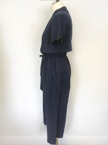 SEASALT INDIGO BLUE LINEN TREEN COVE SHORT SLEEVE TIE BELT CROP LEG JUMPSUIT SIZE 12