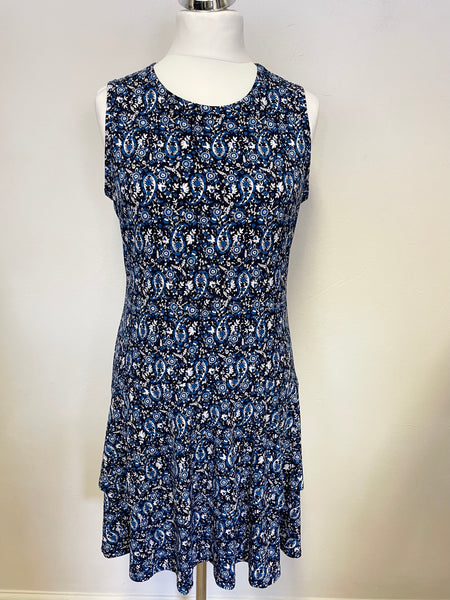 MICHAEL KORS BLUE PAISLEY PRINT STRETCH JERSEY TIERED SKIRT SLEEVELESS DRESS SIZE L