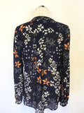 WHISTLES NAVY BLUE,ORANGE & WHITE FORAL PRINT SILK BLOUSE SIZE 12