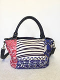 DESIGUAL RED,WHITE & BLUE PRINT TEXTILE & FAUX LEATHER SHOULDER/ HAND BAG