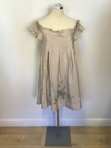 TED BAKER BEIGE SILK & COTTON WIDE NECKLINE EMBELLISHED DRESS SIZE 2 UK 10/12