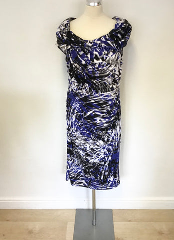 PIED A TERRE BLUE,BLACK,WHITE & GREY PRINT STRETCH PENCIL DRESS SIZE 16