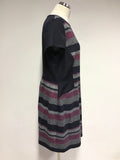 HOBBS NW3 NAVY BLUE,PINK & GREY MARL STRIPE WOOL BLEND SHIFT DRESS SIZE 16