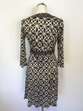 LK BENNETT BLACK,BROWN,WHITE & BLUE PRINT 3/4 SLEEVE DRESS SIZE 10